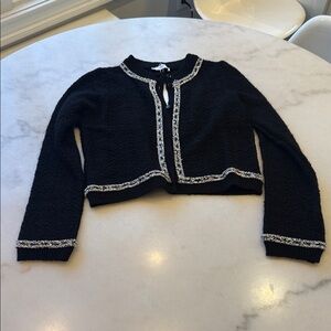 NWT Mango Black textured knit Cardigan with Cream AND SILVER LUREX Trim